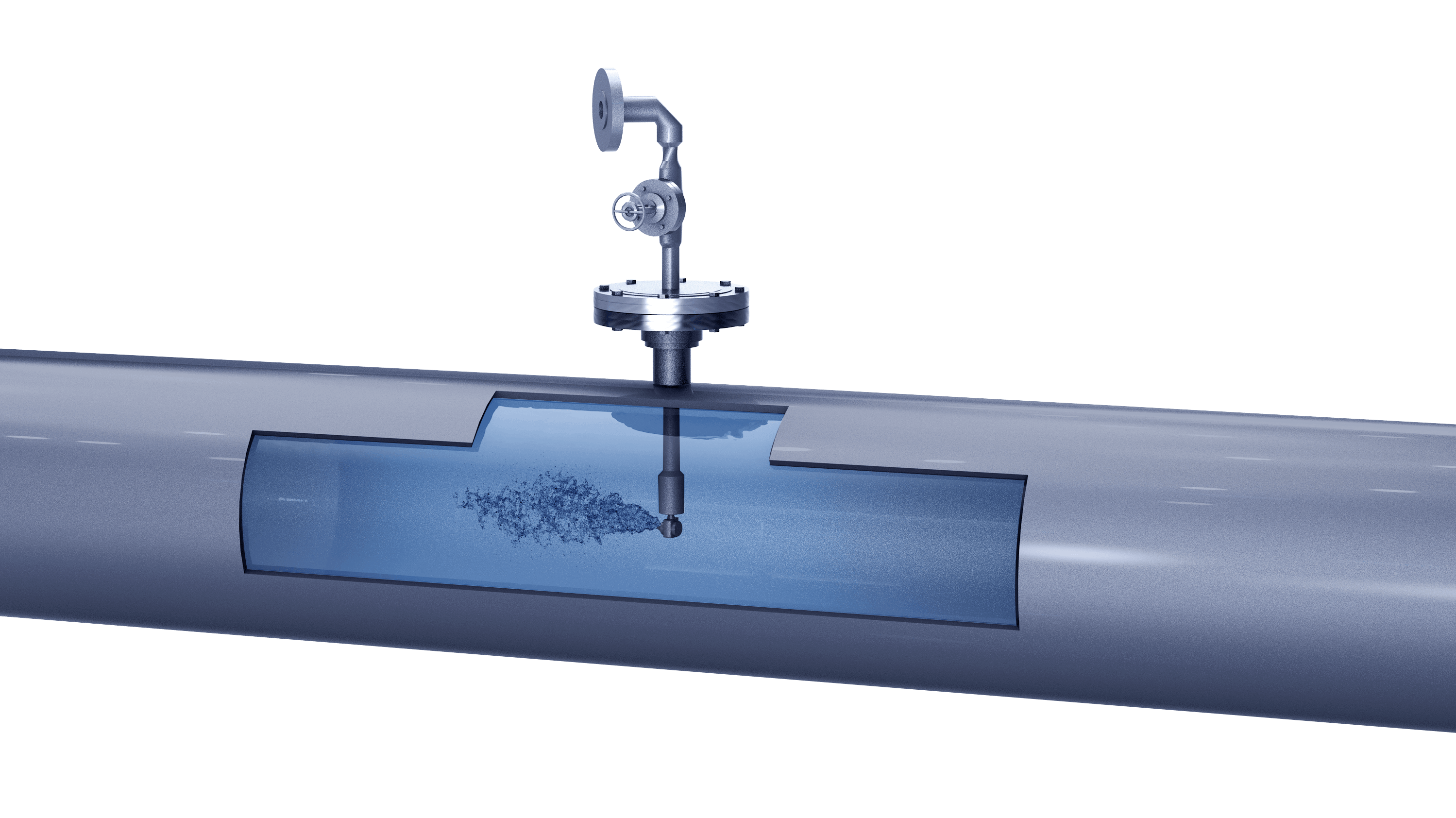 A 3D illustration of a chemical injection spray lance installed by flanges into the duct of a chemical manufacturing process.
