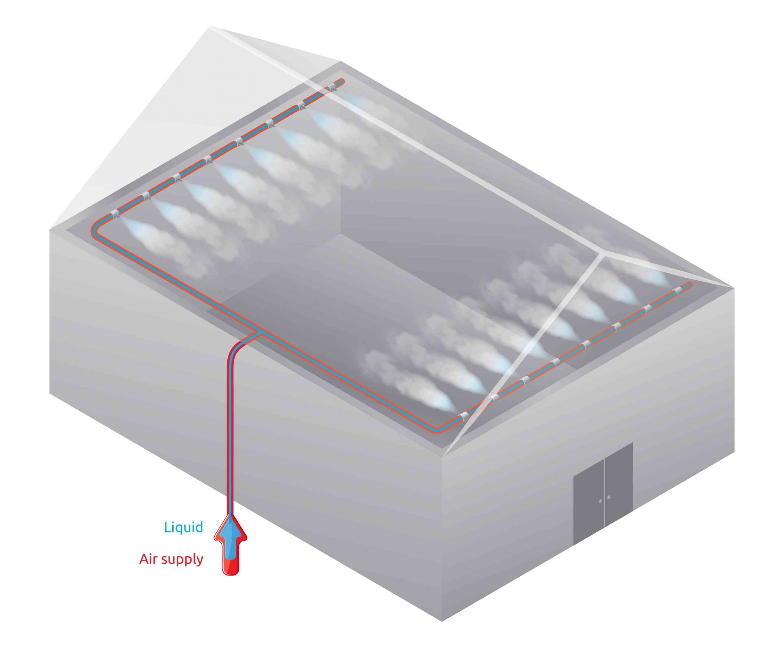 Illustration of a building with a humidification system.